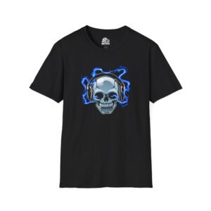 Skull With Headphones Blue Waves Graphic Tee